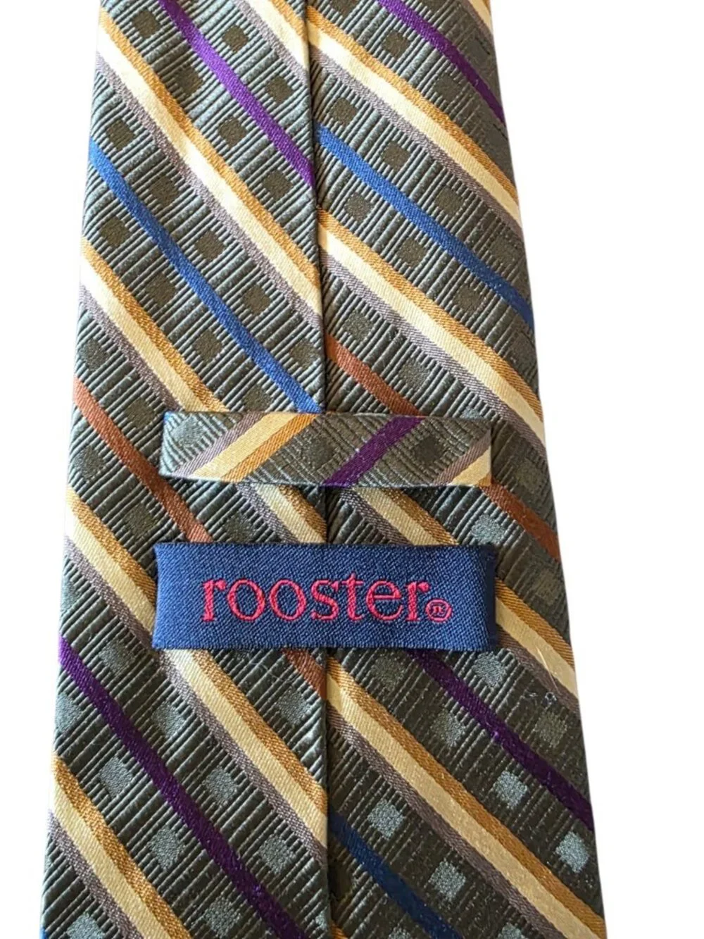 Rooster 100% Silk Tie Green Blue Purple Gold Geometric Striped Necktie 3.5”